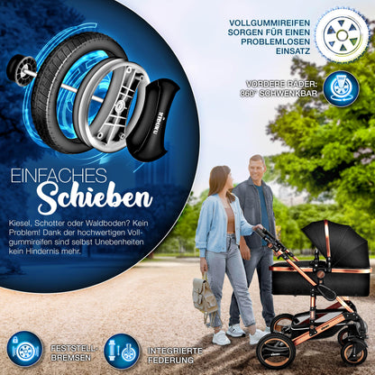 KIDUKU® 3 in 1 Kinderwagen Komplettset | Kombikinderwagen Set inkl. Babywanne & Buggy Sportsitz & Auto-Babyschale Fußsack | Vollgummireifen Wickeltasche Handwärmer Regenschutz Kindertisch ECE R129