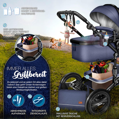 KIDUKU® 3 in 1 Kinderwagen Komplettset | Kombikinderwagen Set inkl. Babywanne & Buggy Sportsitz & Auto-Babyschale Fußsack | Vollgummireifen Wickeltasche Handwärmer Regenschutz Kindertisch ECE R129