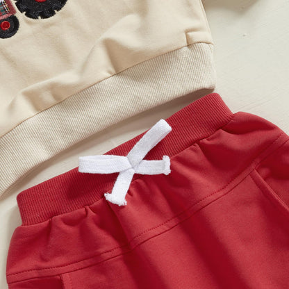 Baby-Frühlings-Outfit für Jungen, Trainingsanzüge mit Traktor-/Auto-Print, Sweatshirts mit langen Ärmeln mit Autodruck + elastische Kordelzughose, 2-teiliges Sportbekleidungsset, weiche Traktor-Outfits
