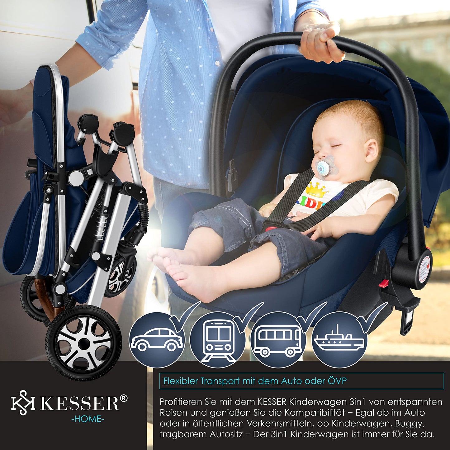 KESSER® Loops 3 in 1 Stroller Combi Stroller Complete Set including Carrycot &amp; Buggy Sports Seat &amp; Car Seat Solid Rubber Tires Changing Bag Rain Cover Children's Table ECE R129, Black/Champagne 