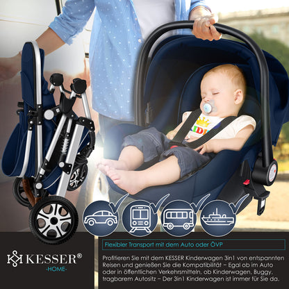KESSER® Loops 3 in 1 Stroller Combi Stroller Complete Set including Carrycot &amp; Buggy Sports Seat &amp; Car Seat Solid Rubber Tires Changing Bag Rain Cover Children's Table ECE R129, Black/Champagne 