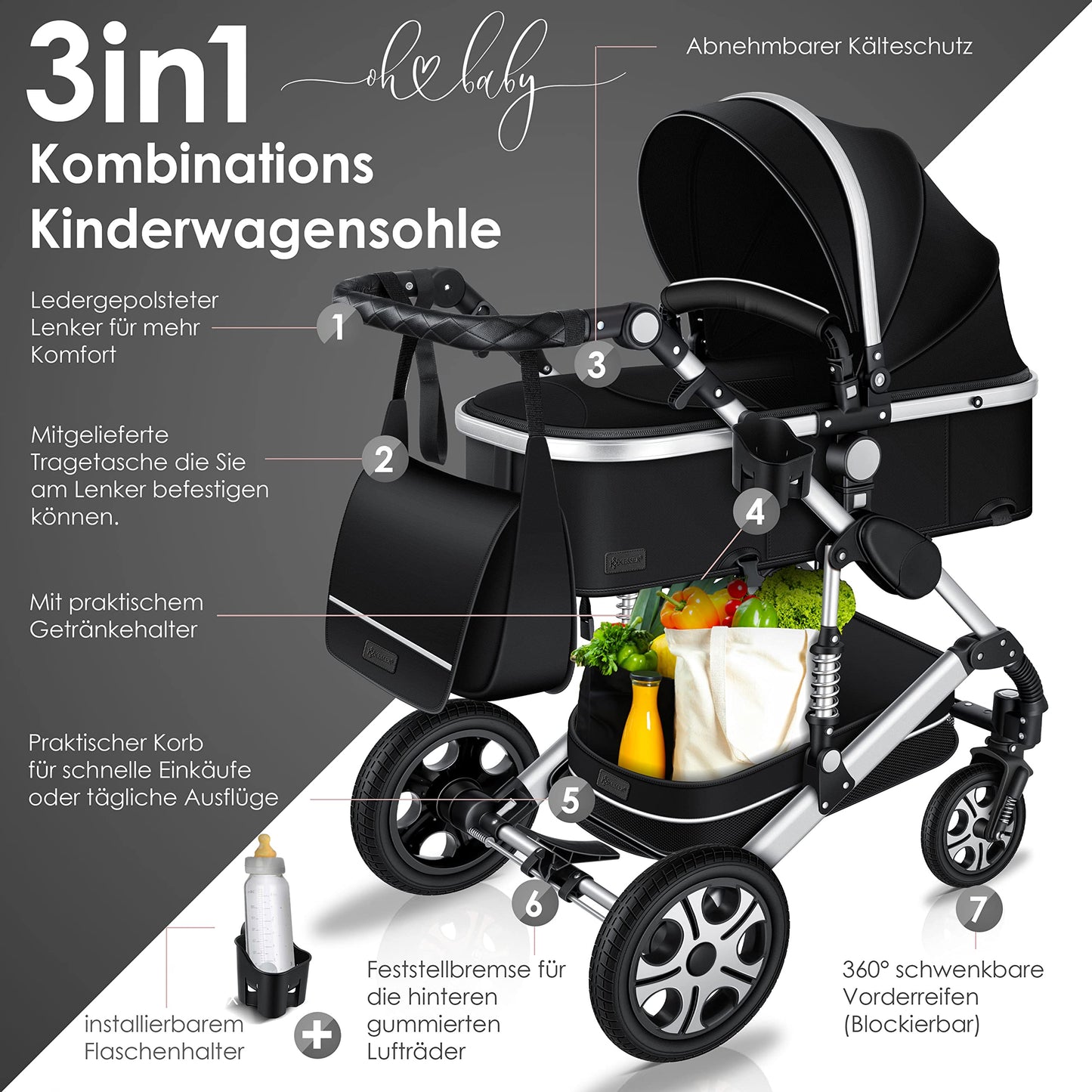 KESSER® Loops 3 in 1 Kinderwagen Kombikinderwagen Komplett-Set inkl. Babywanne & Buggy Sportsitz & Auto-Babyschale Voll-Gummireifen Wickeltasche Regenschutz Kindertisch ECE R129, Schwarz/Champagne - Meloni2