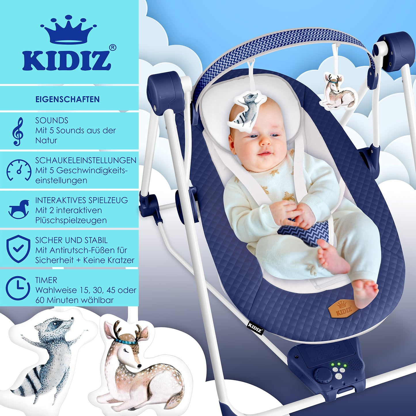 KIDIZ® Baby Rocker Baby Swing with 5 Speed Settings Foldable Baby Rocker Swing Baby High Chair with Play Arch Toys 5 Soothing Natural Sounds Newborn Anthracite