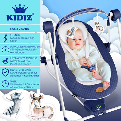 KIDIZ® Baby Rocker Baby Swing with 5 Speed Settings Foldable Baby Rocker Swing Baby High Chair with Play Arch Toys 5 Soothing Natural Sounds Newborn Anthracite