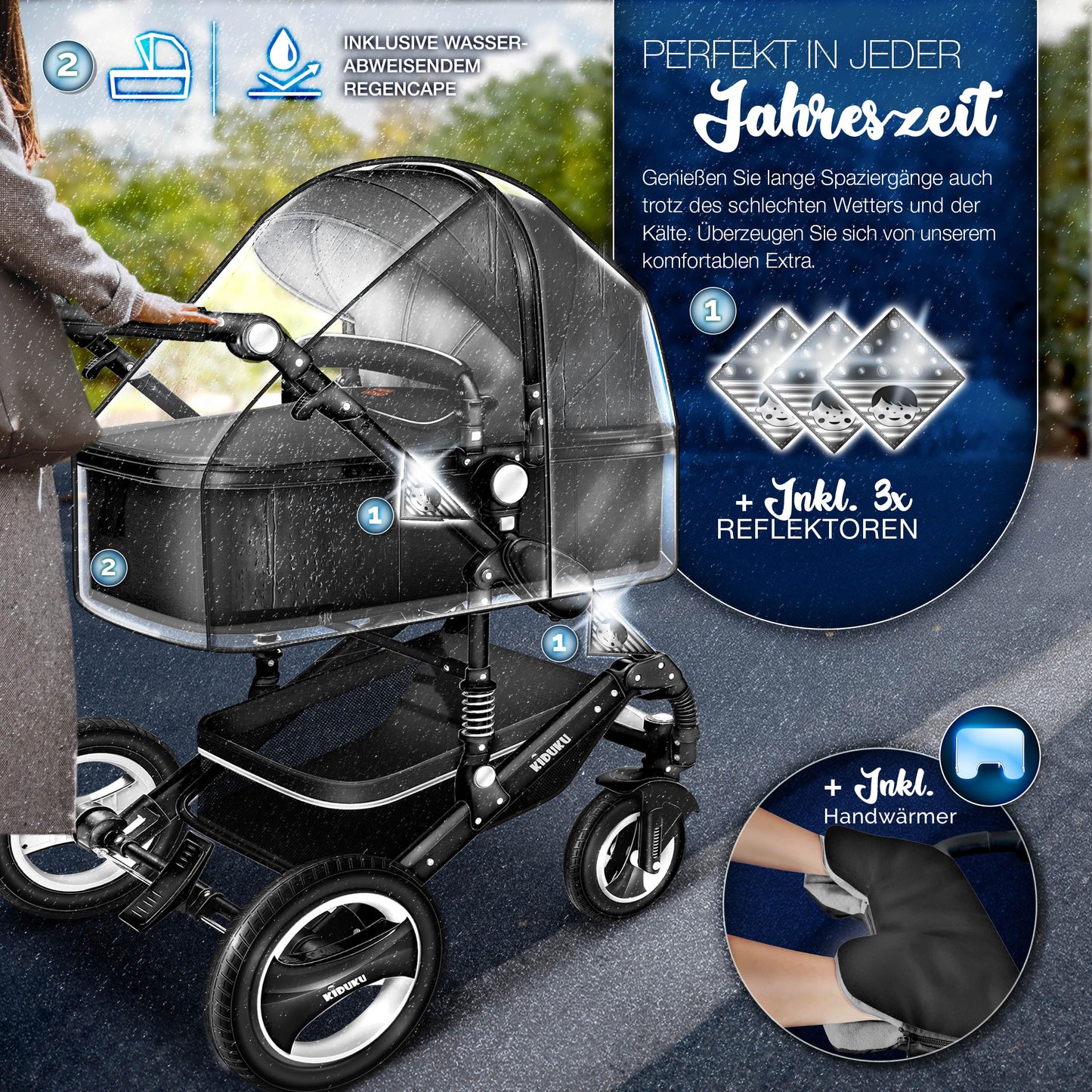 KIDUKU® 3 in 1 Kinderwagen Komplettset | Kombikinderwagen Set inkl. Babywanne & Buggy Sportsitz & Auto-Babyschale Fußsack | Vollgummireifen Wickeltasche Handwärmer Regenschutz Kindertisch ECE R129