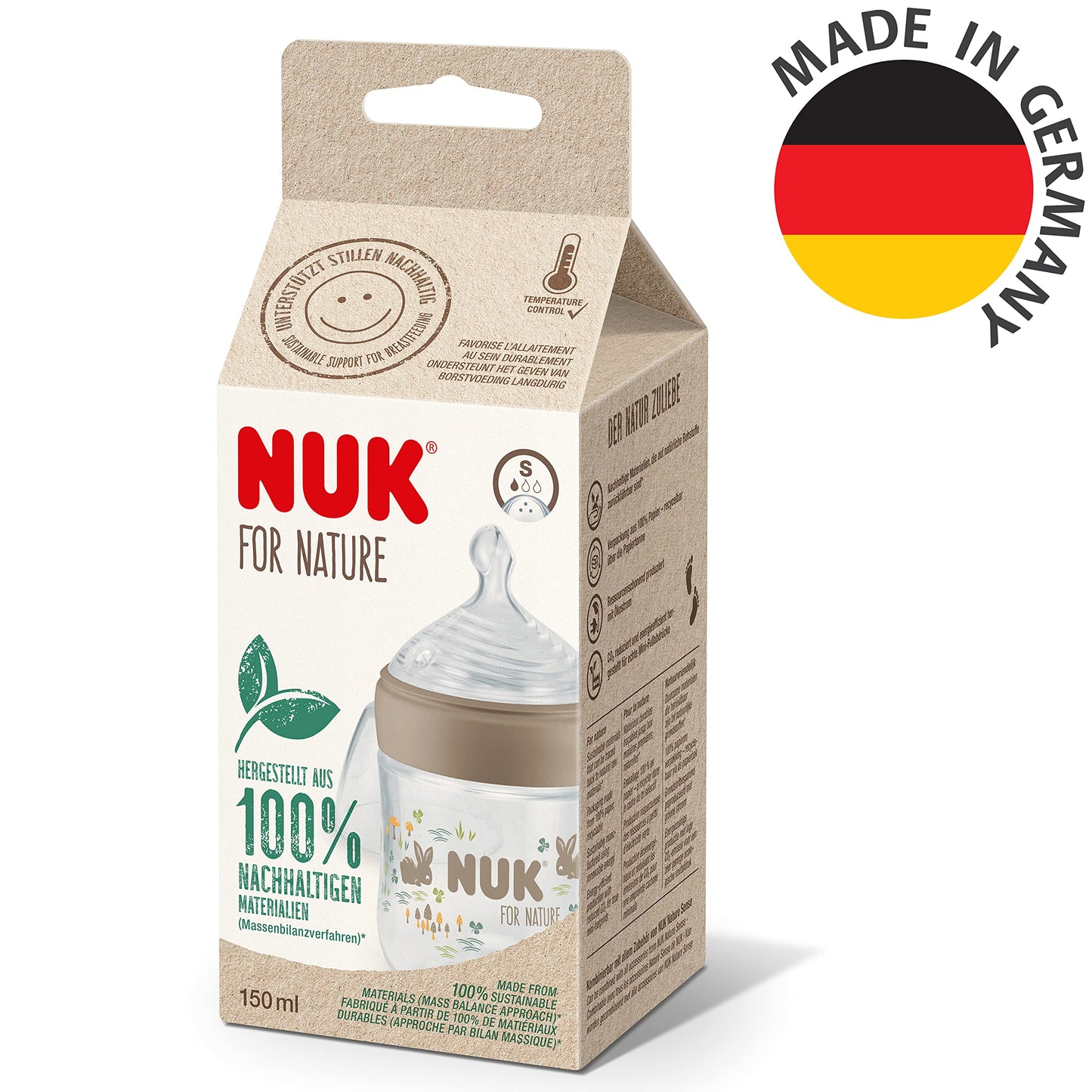 NUK for Nature Babyflaschen | mittelgroßer Trinksauger | 260 ml | Der Mutterbrust nachempfundener Anti-Colic Trinksauger ( Silikon) | Temperature Control | Nachhaltige Materialien | Grün