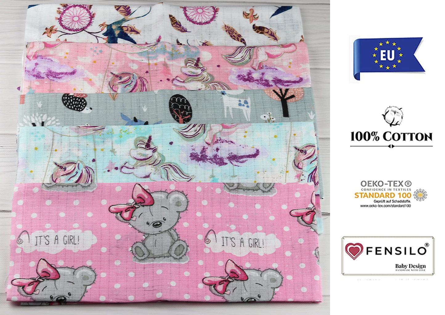 FENSILO - Mulltücher - Mullwindeln - 10er Pack 70x80 cm - Stoffwindeln, Made IN EU, schadstoffgeprüft - Spucktücher Set für Mädchen – Baby Mullwindeln- Rosa - Oeko-TEX Zertifiziert