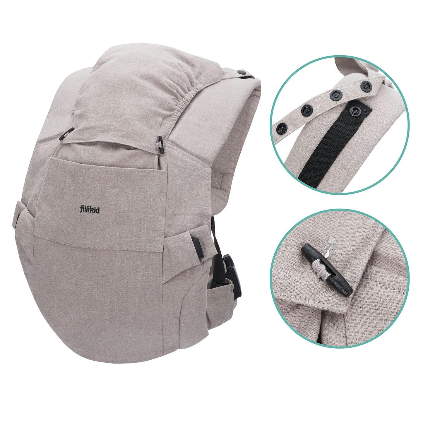 Fillikid Babytrage Natural ab 3,5-20 kg für Bauch-, Hüft und Rückentrageposition - Grau
