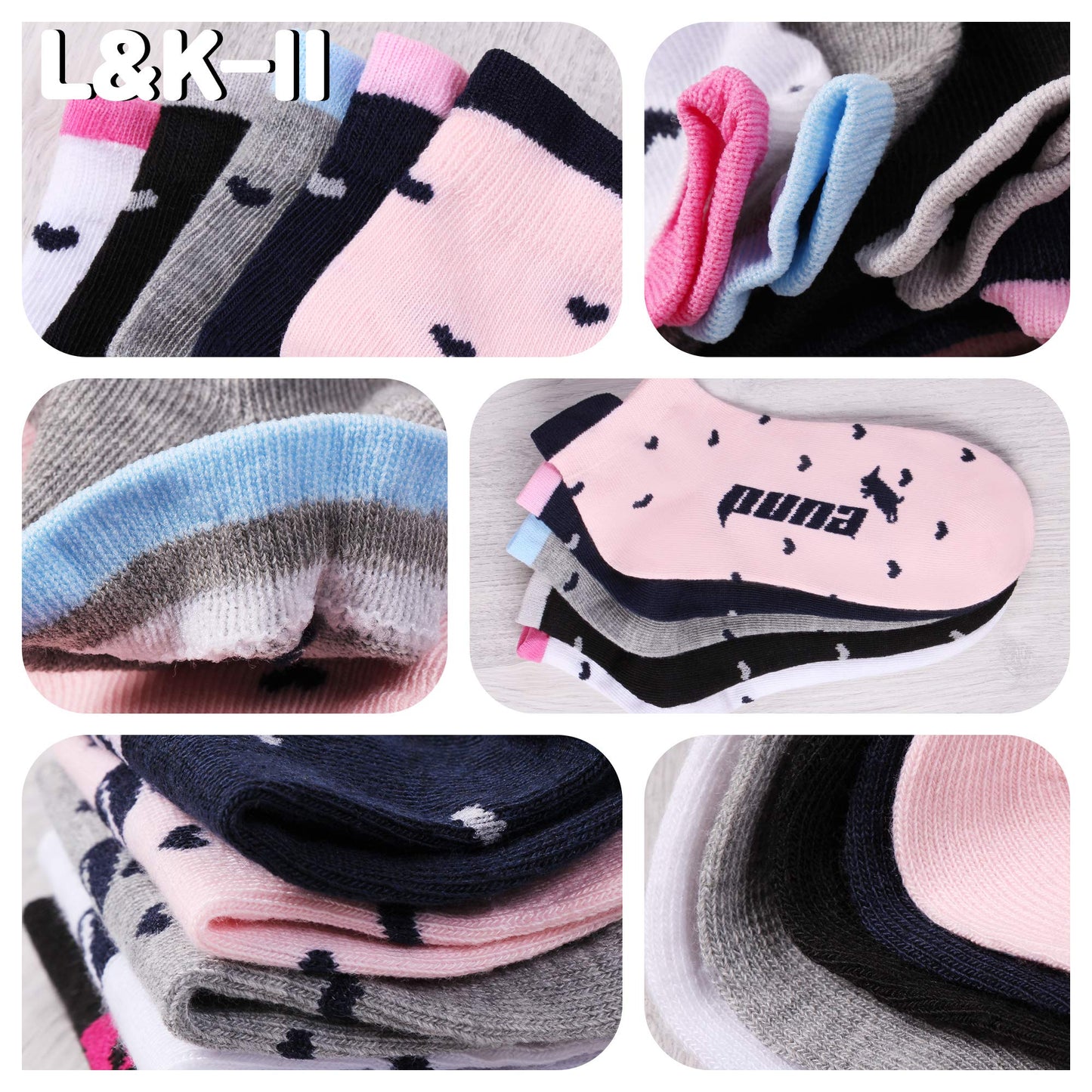 L&K-II 10/12 Paar Kinder Mädchen Socken mit niedlichen Herzmustern Kids Füßlinge Sneakersocken bunt 2825
