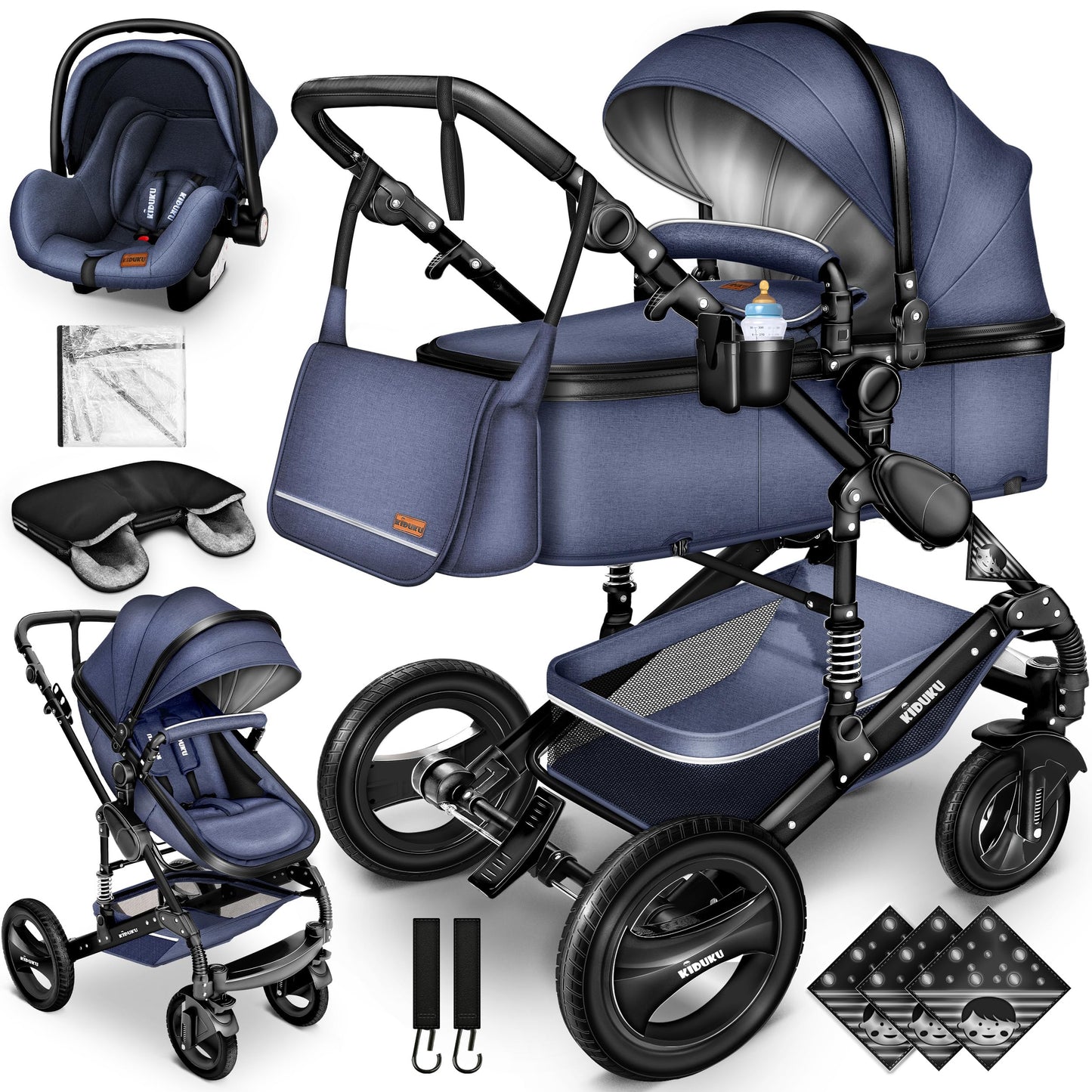 KIDUKU® 3 in 1 Kinderwagen Komplettset | Kombikinderwagen Set inkl. Babywanne & Buggy Sportsitz & Auto-Babyschale Fußsack | Vollgummireifen Wickeltasche Handwärmer Regenschutz Kindertisch ECE R129