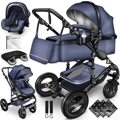 KIDUKU® 3 in 1 Kinderwagen Komplettset | Kombikinderwagen Set inkl. Babywanne & Buggy Sportsitz & Auto-Babyschale Fußsack | Vollgummireifen Wickeltasche Handwärmer Regenschutz Kindertisch ECE R129