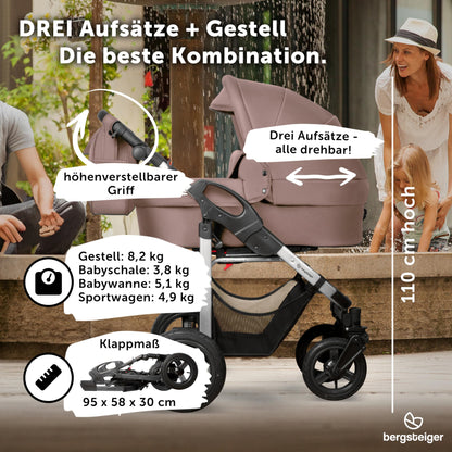 Bergsteiger Capri 3-in-1 Combination Pushchair - Baby Carrier, Sports Seat & i-Size Baby Seat, Pneumatic Tyres, Suspension, Height-Adjustable Handle, Foldable, Accessories