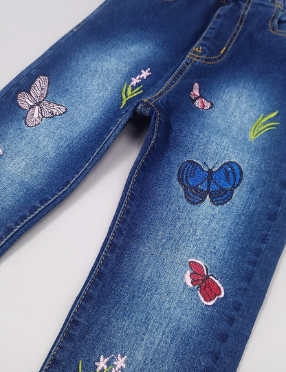 KIDSCOOL SPACE Girls Jeans Split Hem with RAL Edges Elastic Waist in High Elastic Wide Leg Denim Pants