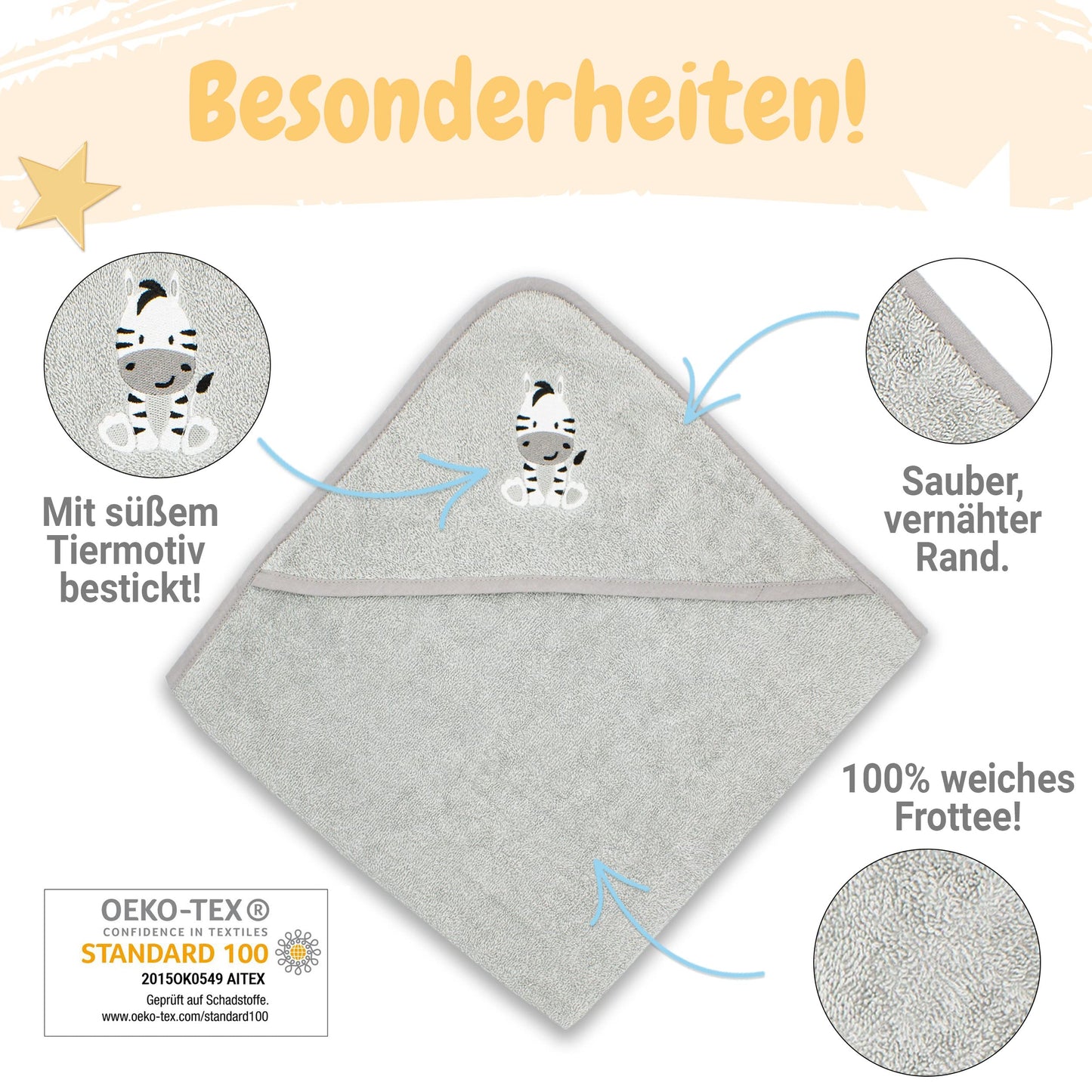 Babykajo Baby-Kapuzenhandtuch-Set mit 2 Waschlappen, Öko-Tex Standard 100 zertifiziert, weiches Frottee-Babyhandtuch mit Kapuze, 80 x 80 cm