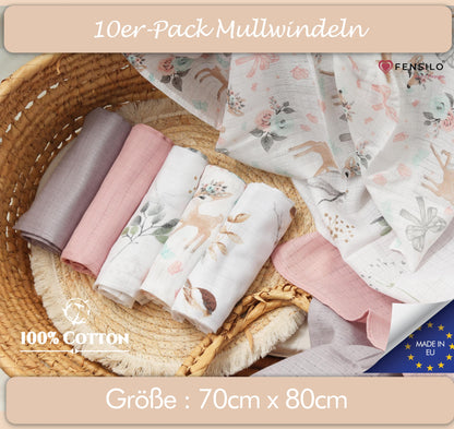 FENSILO - Mulltücher - Mullwindeln - 10er Pack 70x80 cm - Stoffwindeln, Made IN EU, schadstoffgeprüft - Spucktücher Set für Mädchen – Baby Mullwindeln- Rosa - Oeko-TEX Zertifiziert