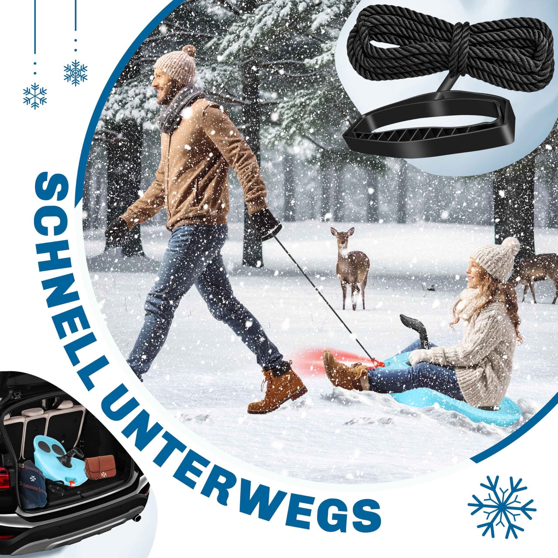 KESSER® Bob Snow Bob Alpina with LED Light Including Pull Rope Sledge Children's Sledge Pointed Bob Plastic Sledge Stable for Children and Adults Snow Sports Winter Sports Sledge