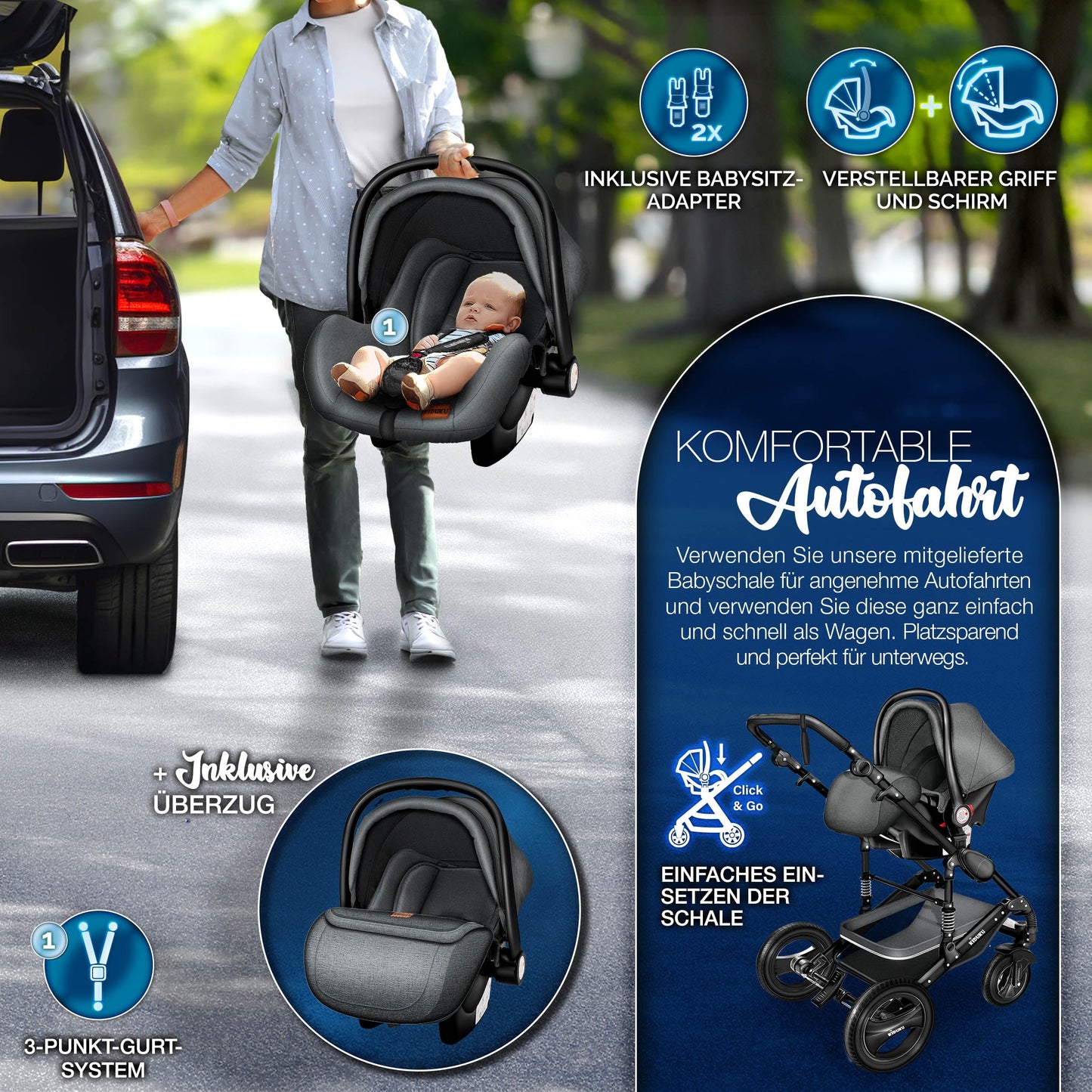 KIDUKU® 3 in 1 Kinderwagen Komplettset | Kombikinderwagen Set inkl. Babywanne & Buggy Sportsitz & Auto-Babyschale Fußsack | Vollgummireifen Wickeltasche Handwärmer Regenschutz Kindertisch ECE R129