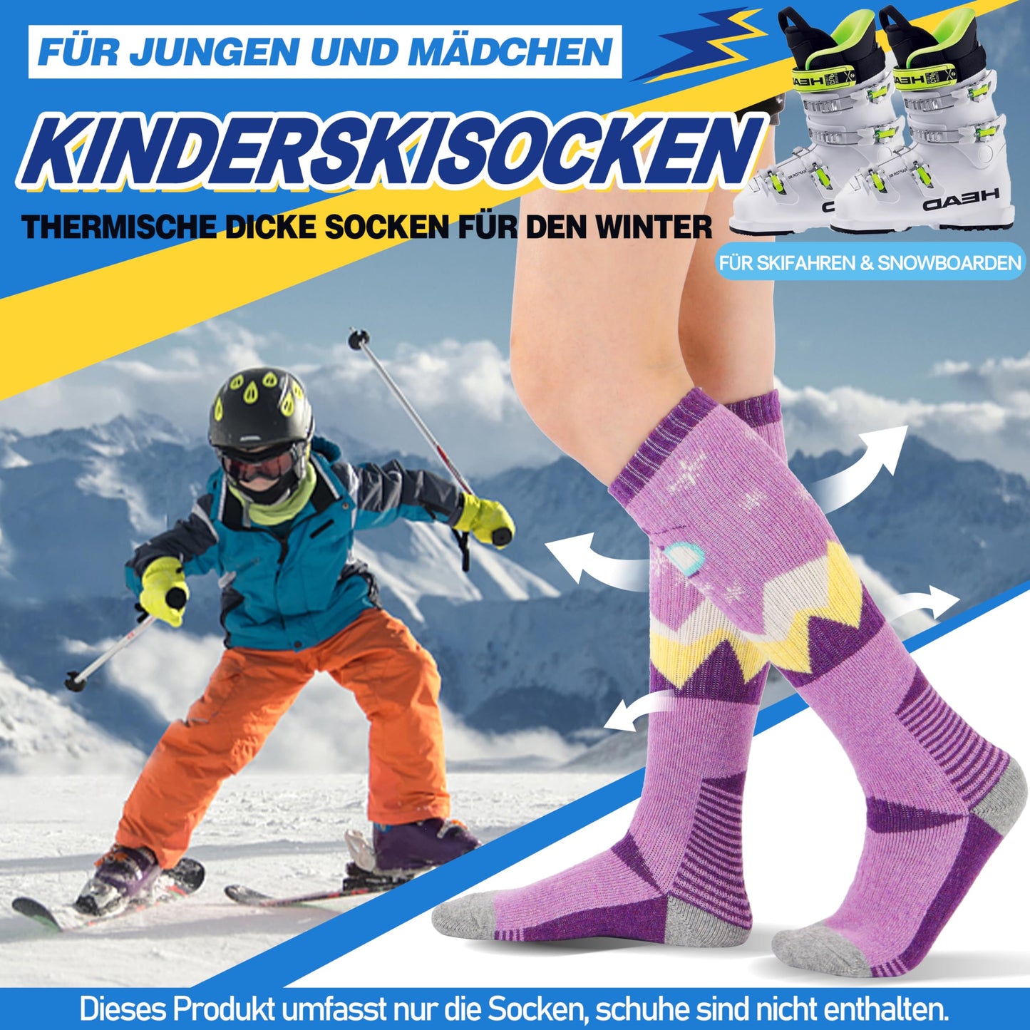 Kinder Merino Wolle Ski Socken Jungen Mädchen Thermal Dicke Warme Winter Gemütliche Knie Hohe Socken für Skifahren Snowboarden 3 Paare