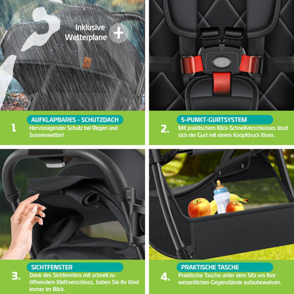 KIDIZ® Folding Pushchair, Sports Pram, 360° Wheels, 5-Point Harness, incl. Drinks Holder, Rain Cover, Adjustable Backrest and Sun Canopy, Red