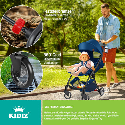 KIDIZ® Folding Pushchair, Sports Pram, 360° Wheels, 5-Point Harness, incl. Drinks Holder, Rain Cover, Adjustable Backrest and Sun Canopy, Red