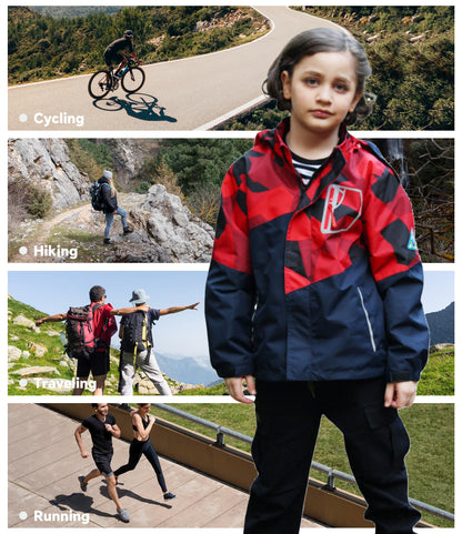 LAUSONS Children's Lined Rain Jacket Boys Camouflage Waterproof Jacket Lightweight Transition Jacket with Removable Hood 