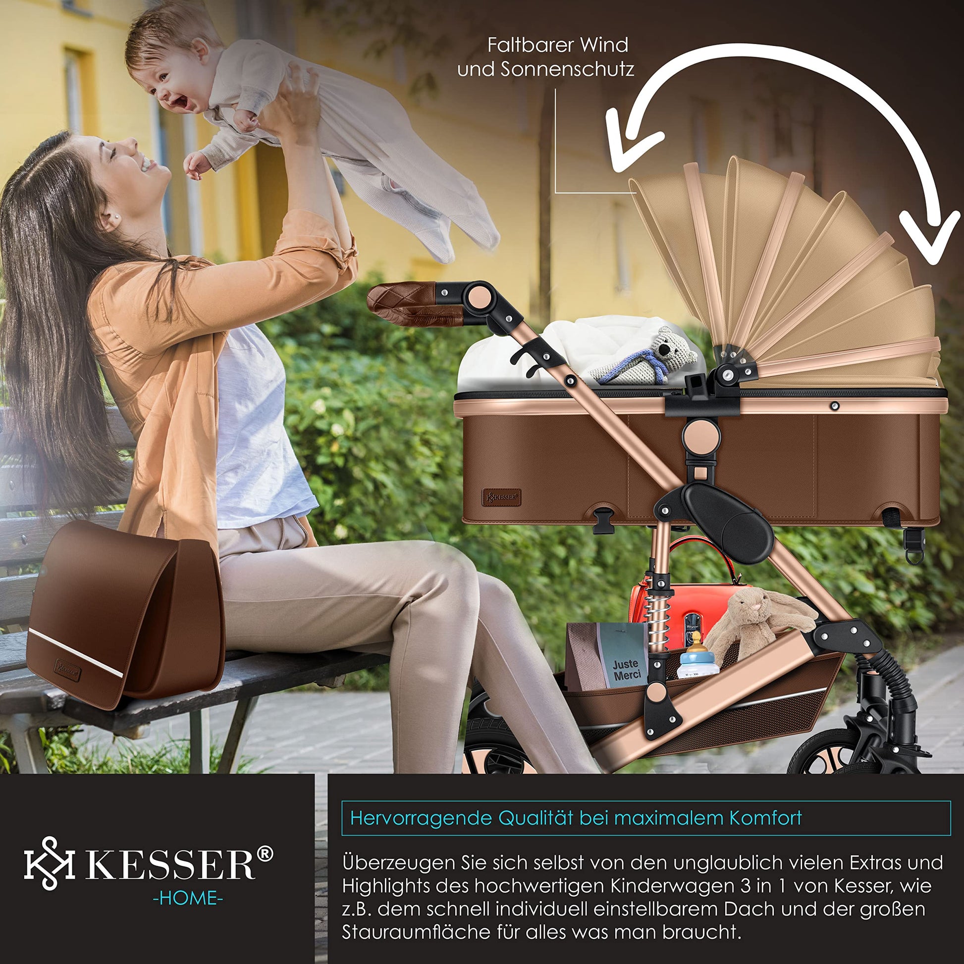KESSER® Loops 3 in 1 Kinderwagen Kombikinderwagen Komplett-Set inkl. Babywanne & Buggy Sportsitz & Auto-Babyschale Voll-Gummireifen Wickeltasche Regenschutz Kindertisch ECE R129, Schwarz/Champagne - Meloni2