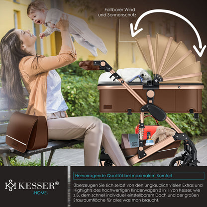 KESSER® Loops 3 in 1 Kinderwagen Kombikinderwagen Komplett-Set inkl. Babywanne & Buggy Sportsitz & Auto-Babyschale Voll-Gummireifen Wickeltasche Regenschutz Kindertisch ECE R129, Schwarz/Champagne - Meloni2