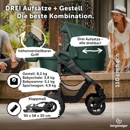 Bergsteiger Capri 3-in-1 Combination Pushchair - Baby Carrier, Sports Seat & i-Size Baby Seat, Pneumatic Tyres, Suspension, Height-Adjustable Handle, Foldable, Accessories