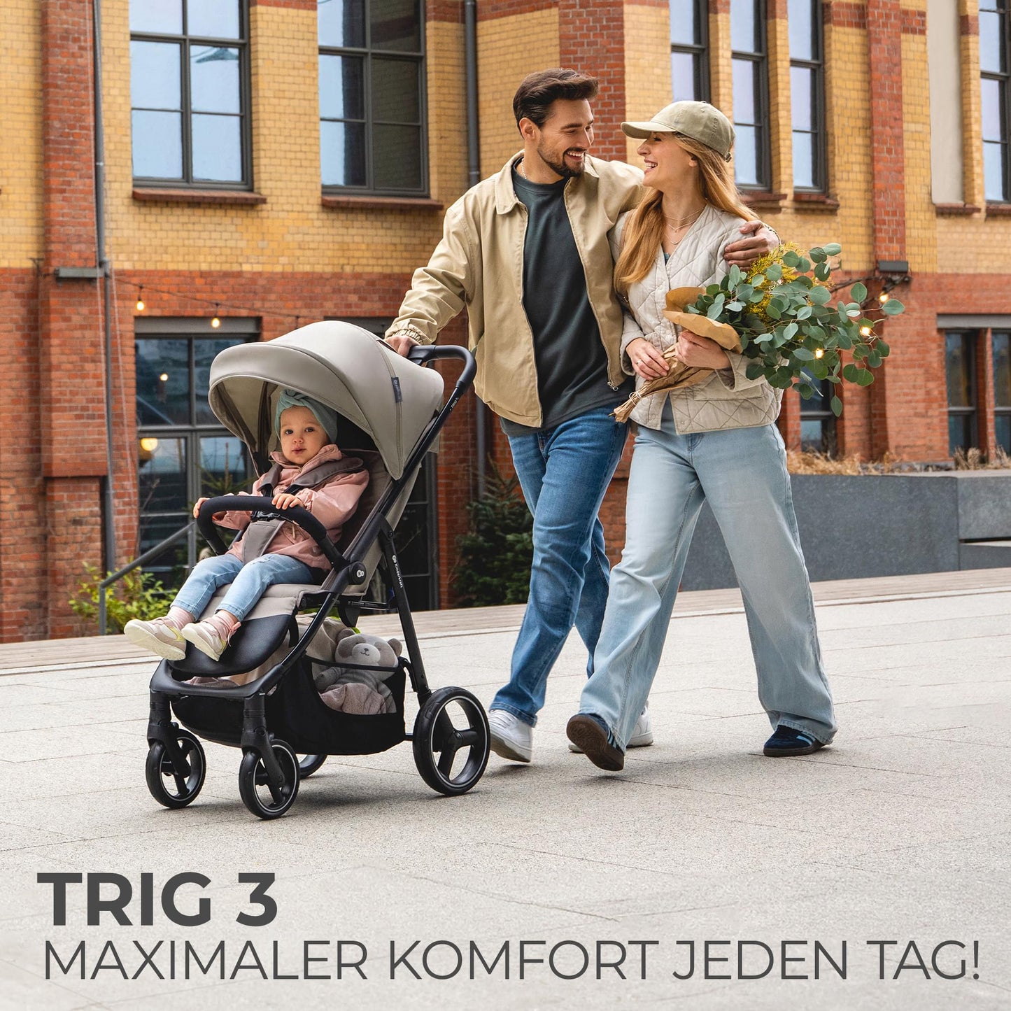 Kinderkraft TRIG 3 Kinderwagen, Kinderbuggy, Liegewagen, Sportwagen, Buggy, Zusammenklappen, Breite und tiefe Sitz, mit Liegeposition, 4 Rad Dämpfung, Große Dach, 5-Punkt-Gurt, bis zu 25 kg, Beige - Meloni2