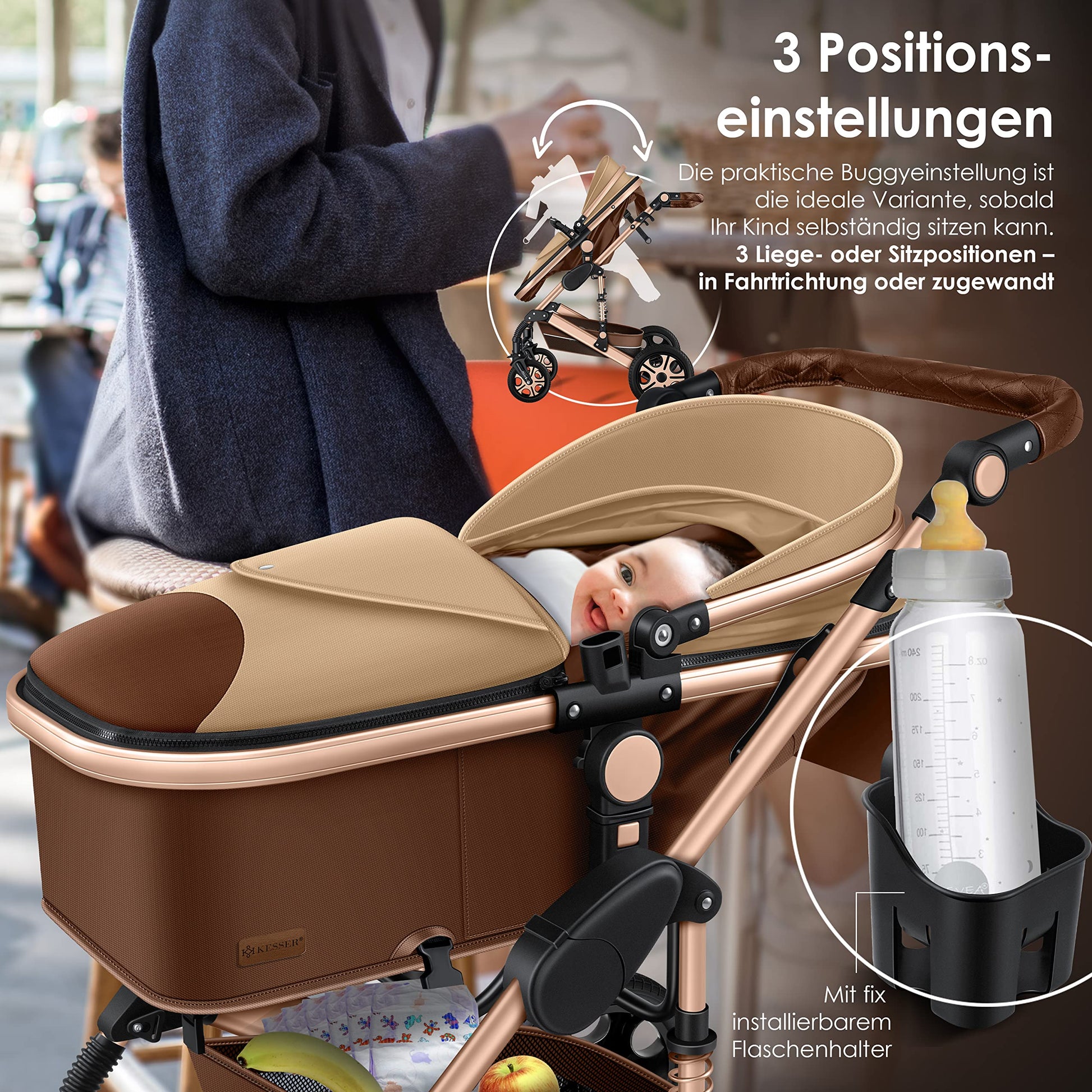 KESSER® Loops 3 in 1 Kinderwagen Kombikinderwagen Komplett-Set inkl. Babywanne & Buggy Sportsitz & Auto-Babyschale Voll-Gummireifen Wickeltasche Regenschutz Kindertisch ECE R129, Schwarz/Champagne - Meloni2