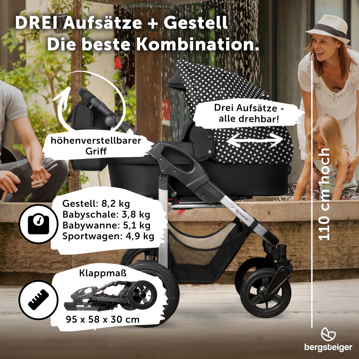 Bergsteiger Capri 3-in-1 Combination Pushchair - Baby Carrier, Sports Seat & i-Size Baby Seat, Pneumatic Tyres, Suspension, Height-Adjustable Handle, Foldable, Accessories