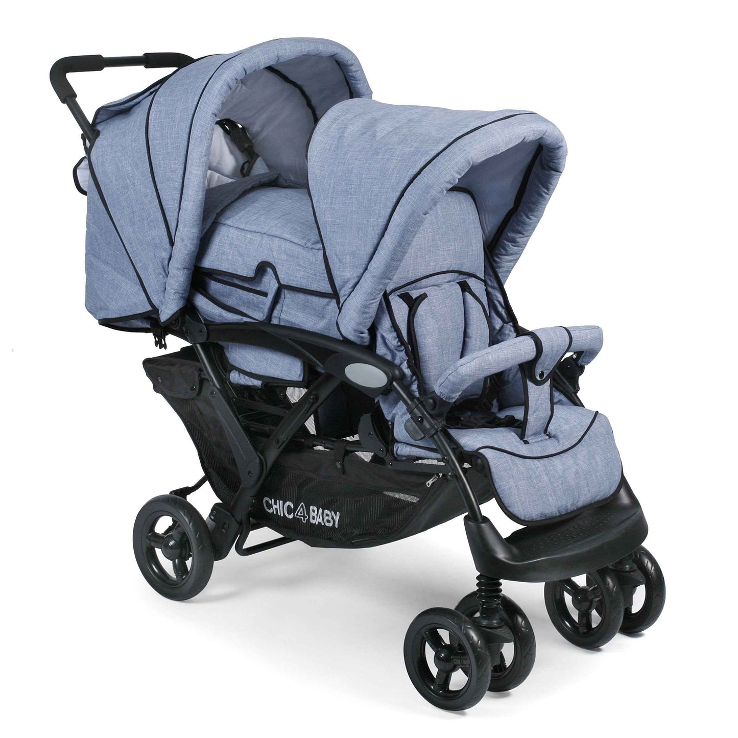 CHIC 4 BABY - Geschwisterwagen DUO mit Tragetasche und Regenschutz, Geschwisterkinderwagen für zwei Kinder, Zwillingswagen, Zwillingsbuggy, Tandemkinderwagen, Tandembuggy, Kinderwagen, Jeans grau