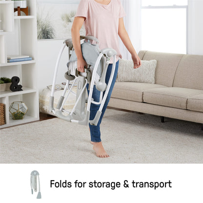 Ingenuity Hugs & Hoots zusammenklappbare & tragbare Babyschaukel, 5 Schaukelgeschwindigkeiten, 8 Melodien, 3 Naturgeräusche, Lautstärkeregulierung und Spielzeugbügel, ab der Geburt bis 9kg