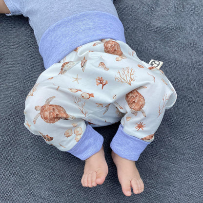Handmade Baby Baggy Trousers, Handmade Cotton Jersey Grows with Your Gown, Sizes 50-74, 68-86, 92-104, Fairly Produced in Germany (Sea Creatures, 50-74)