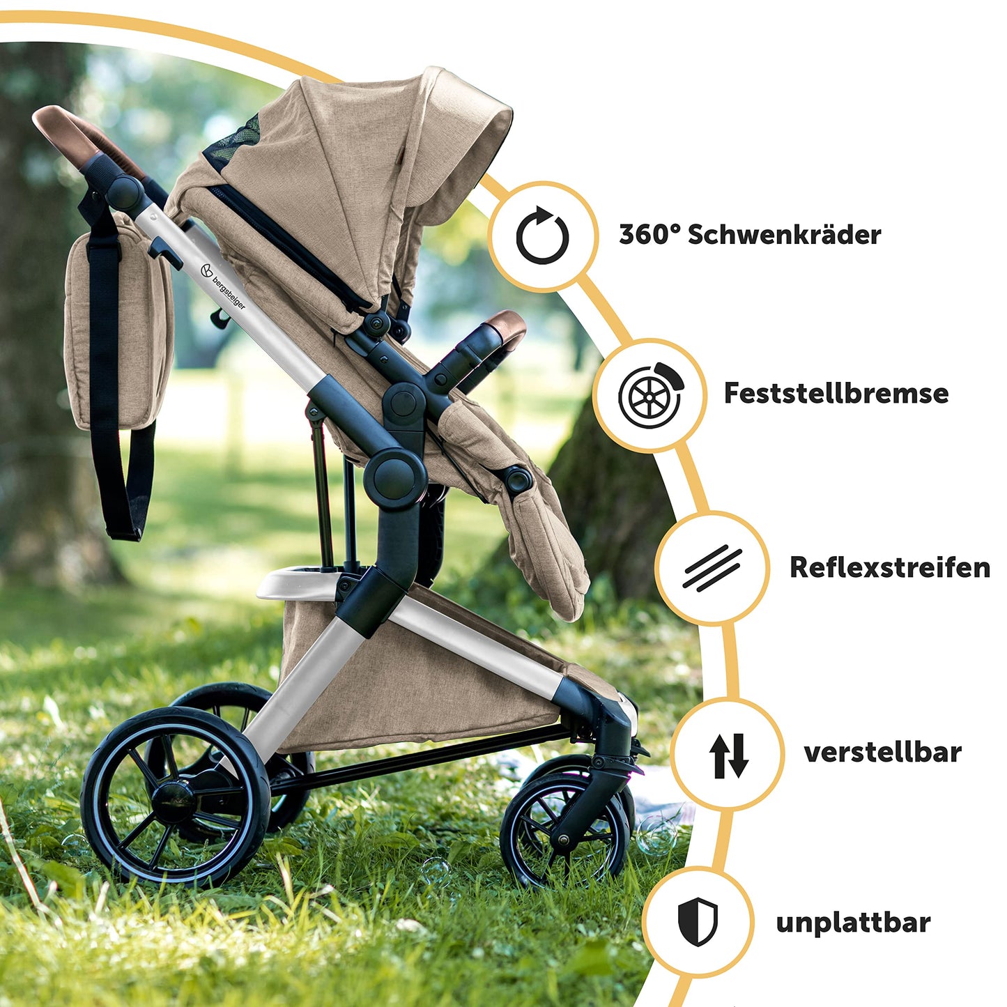 Bergsteiger Lugo 3-in-1 Pushchair Complete Set Including Accessories - Baby Seat, Buggy Attachment, Sun Protection & Weather Footmuff | Isofix Station Available