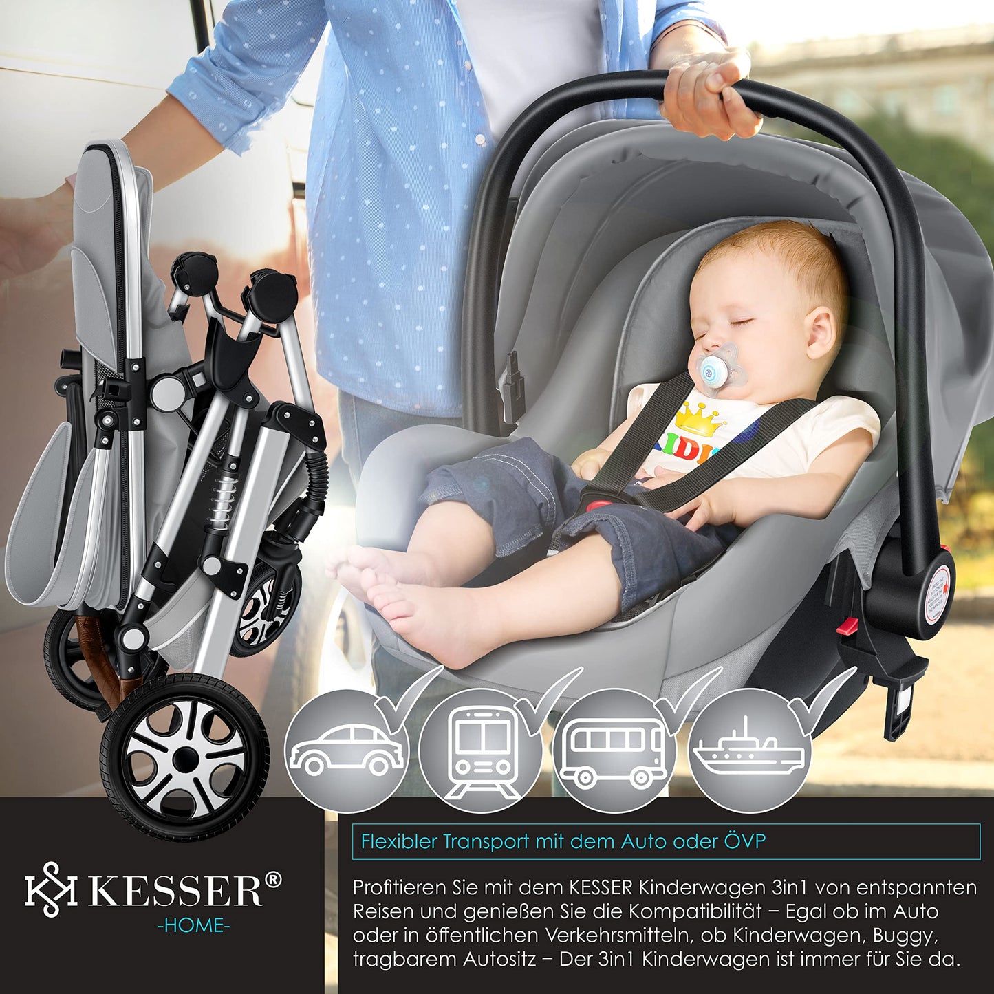 KESSER® Loops 3 in 1 Kinderwagen Kombikinderwagen Komplett-Set inkl. Babywanne & Buggy Sportsitz & Auto-Babyschale Voll-Gummireifen Wickeltasche Regenschutz Kindertisch ECE R129, Schwarz/Champagne - Meloni2