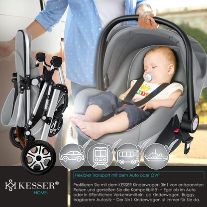 KESSER® Loops 3 in 1 Kinderwagen Kombikinderwagen Komplett-Set inkl. Babywanne & Buggy Sportsitz & Auto-Babyschale Voll-Gummireifen Wickeltasche Regenschutz Kindertisch ECE R129, Schwarz/Champagne - Meloni2