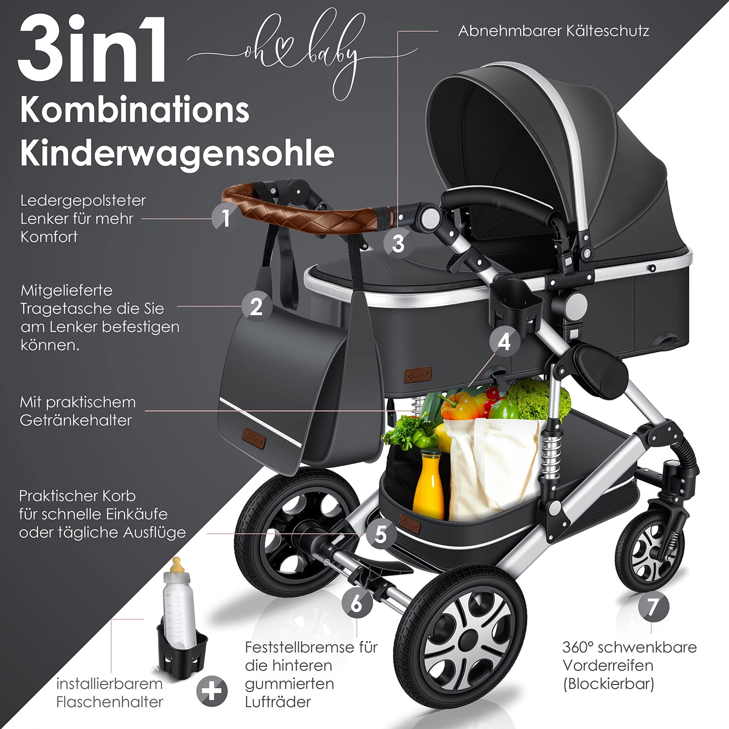 KESSER® Loops 3 in 1 Stroller Combi Stroller Complete Set including Carrycot &amp; Buggy Sports Seat &amp; Car Seat Solid Rubber Tires Changing Bag Rain Cover Children's Table ECE R129, Black/Champagne 