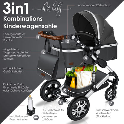 KESSER® Loops 3 in 1 Stroller Combi Stroller Complete Set including Carrycot &amp; Buggy Sports Seat &amp; Car Seat Solid Rubber Tires Changing Bag Rain Cover Children's Table ECE R129, Black/Champagne 