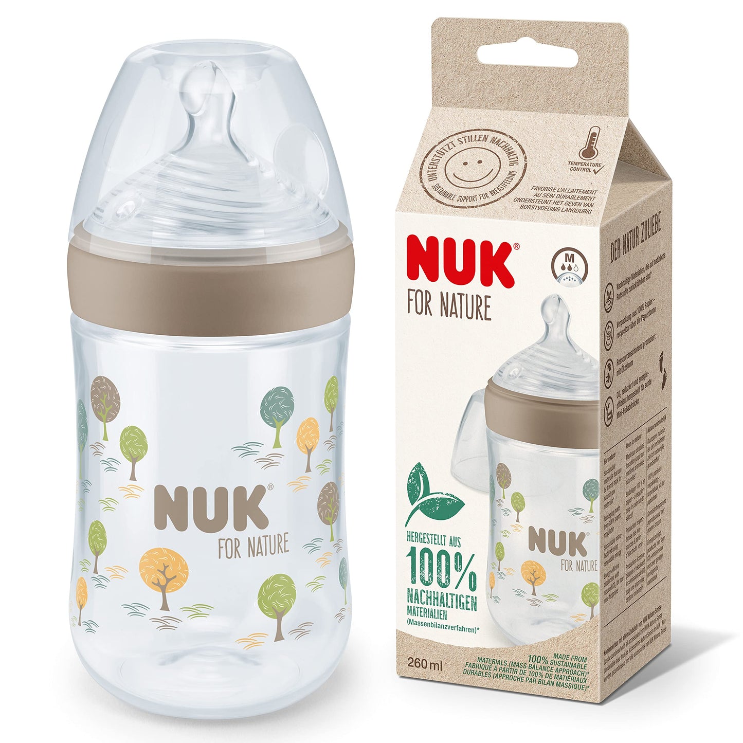 NUK for Nature Babyflaschen | mittelgroßer Trinksauger | 260 ml | Der Mutterbrust nachempfundener Anti-Colic Trinksauger ( Silikon) | Temperature Control | Nachhaltige Materialien | Grün