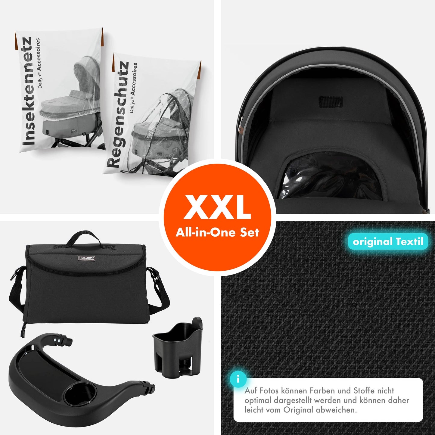 Daliya® FLEXI-PRO M 2in1 Kombikinderwagen & Buggy – XXL-Set, Reise-Kinderwagen mit Einhand-Abnahme, Wetterschutz, Sportsitz, Wickeltasche, Spieltisch, Regenschutz, dicke Matratze (Olivgrün)