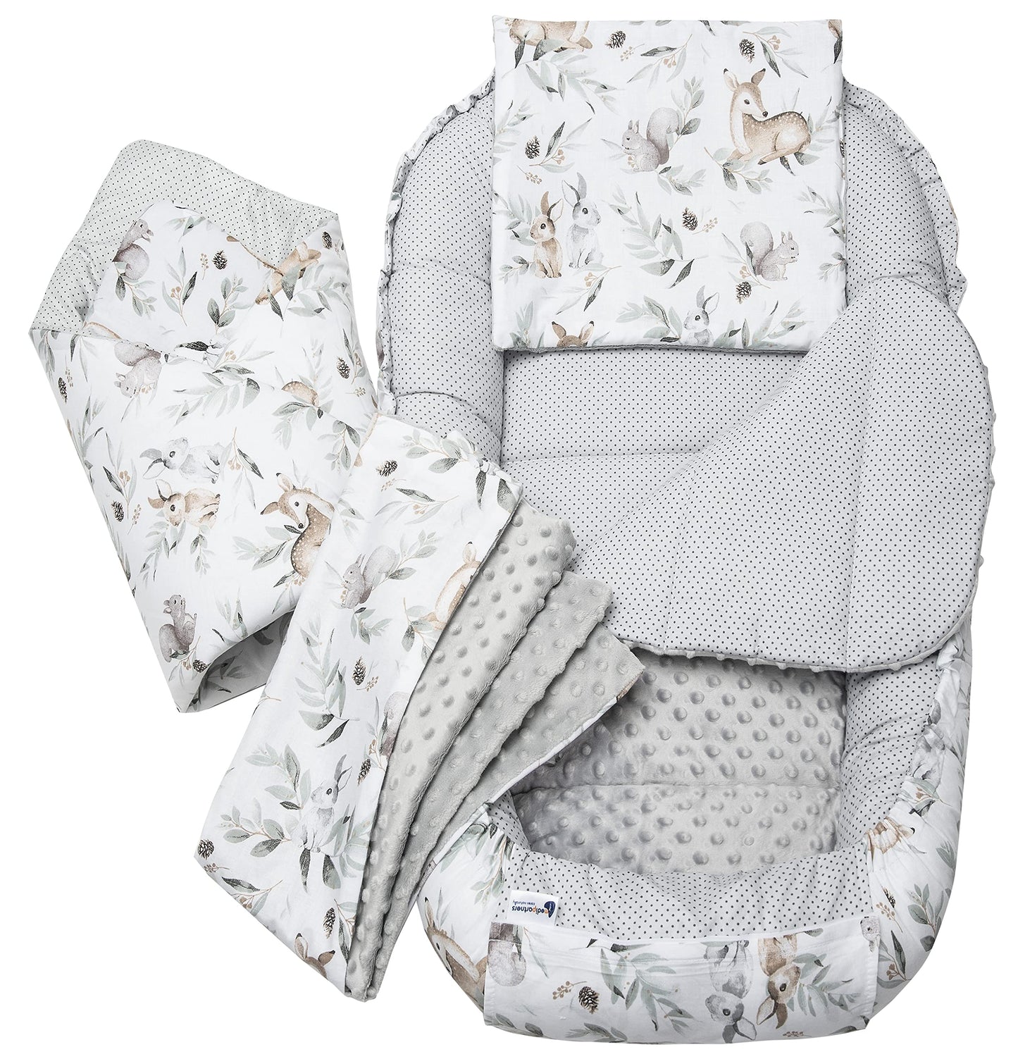 Medi Partners Babynestchen Babynest Set 100x60x15 Kuschelnest 5 teilig herausnehmbarer Einsatz Kokon Nestchen Babys Neugeborene 100% Baumwolle (REH mit Grauem Minky) - Meloni2