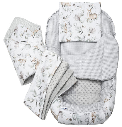 Medi Partners Babynestchen Babynest Set 100x60x15 Kuschelnest 5 teilig herausnehmbarer Einsatz Kokon Nestchen Babys Neugeborene 100% Baumwolle (REH mit Grauem Minky) - Meloni2