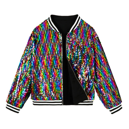 LOLANTA Girls Sequin Bomber Jacket with Pockets Zipper Long Sleeve Glitter Baseball Jackets for Kids 4-13 Years 
