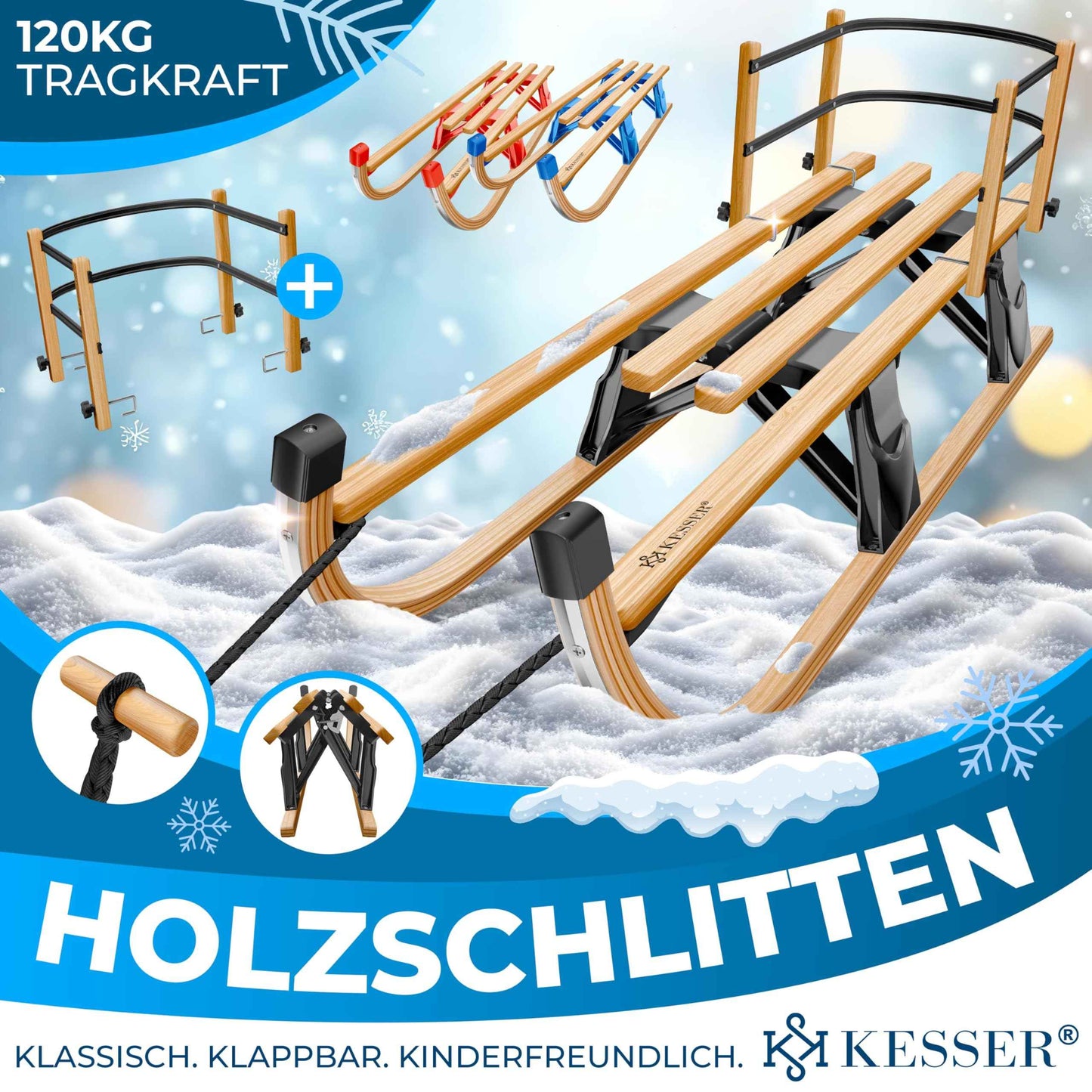 KESSER® Wooden Sledge Premium Children's Folding Sledge Made of Beech Wood Including Pull Rope Slider Metal Runners