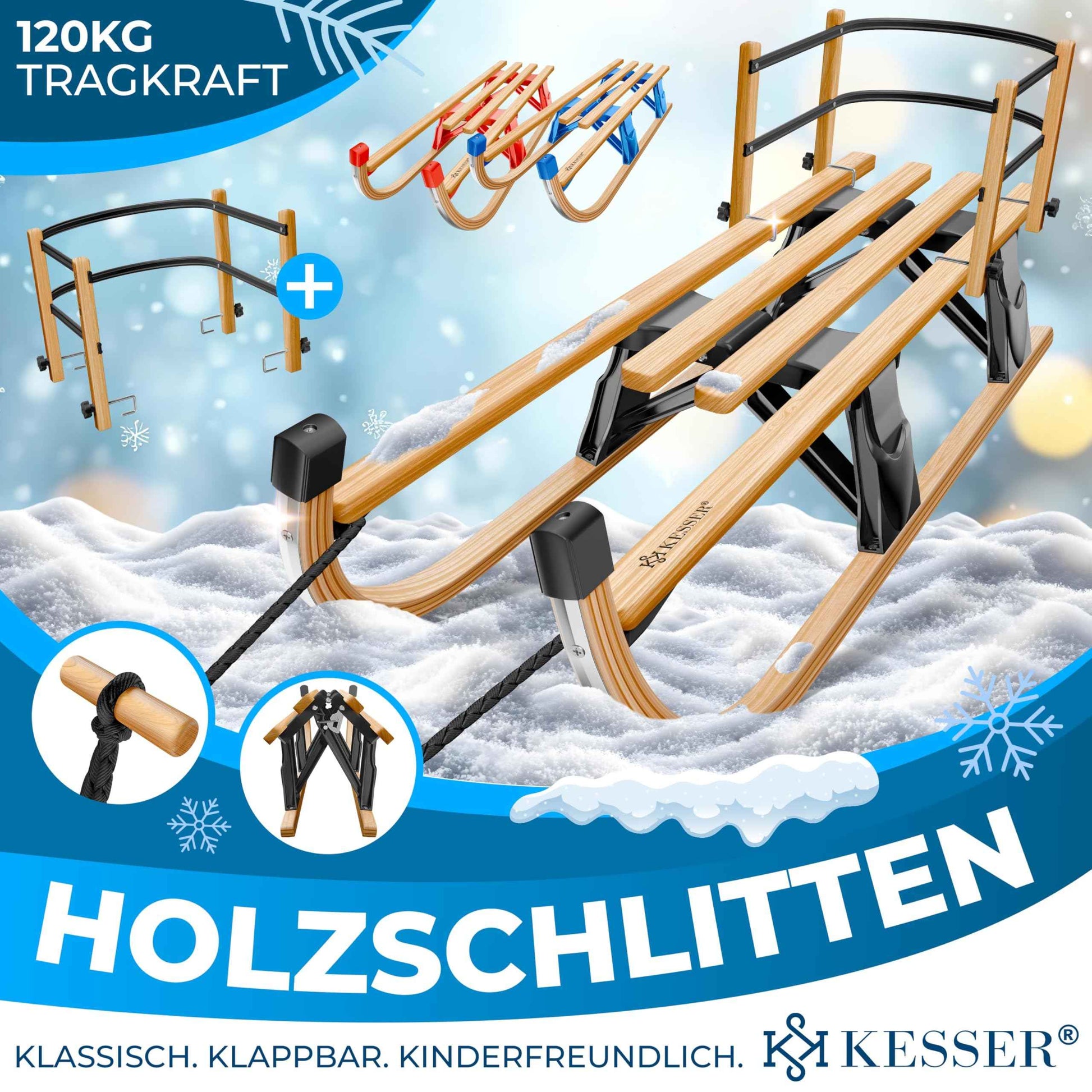 KESSER® Wooden Sledge Premium Children's Folding Sledge Made of Beech Wood Including Pull Rope Slider Metal Runners