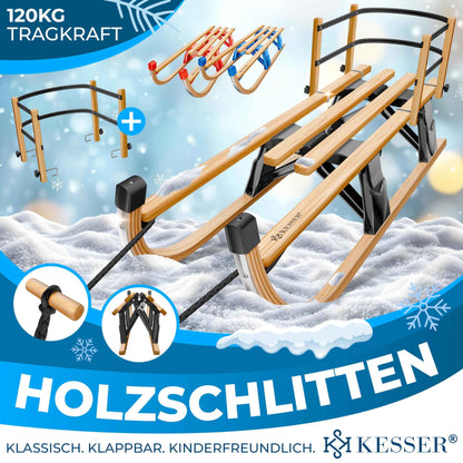 KESSER® Wooden Sledge Premium Children's Folding Sledge Made of Beech Wood Including Pull Rope Slider Metal Runners