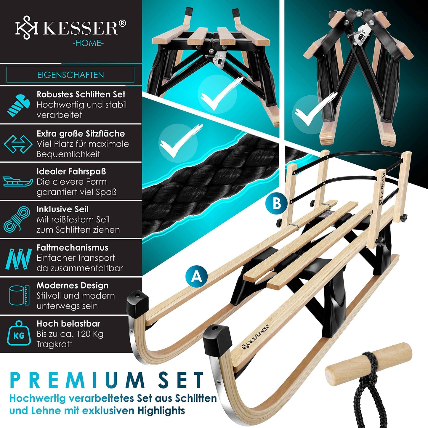 KESSER® Wooden Sledge Premium Children's Folding Sledge Made of Beech Wood Including Pull Rope Slider Metal Runners