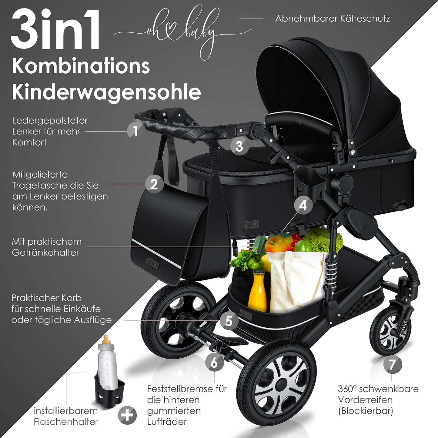 KESSER® Loops 3 in 1 Stroller Combi Stroller Complete Set including Carrycot &amp; Buggy Sports Seat &amp; Car Seat Solid Rubber Tires Changing Bag Rain Cover Children's Table ECE R129, Black/Champagne 