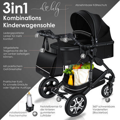 KESSER® Loops 3 in 1 Stroller Combi Stroller Complete Set including Carrycot &amp; Buggy Sports Seat &amp; Car Seat Solid Rubber Tires Changing Bag Rain Cover Children's Table ECE R129, Black/Champagne 
